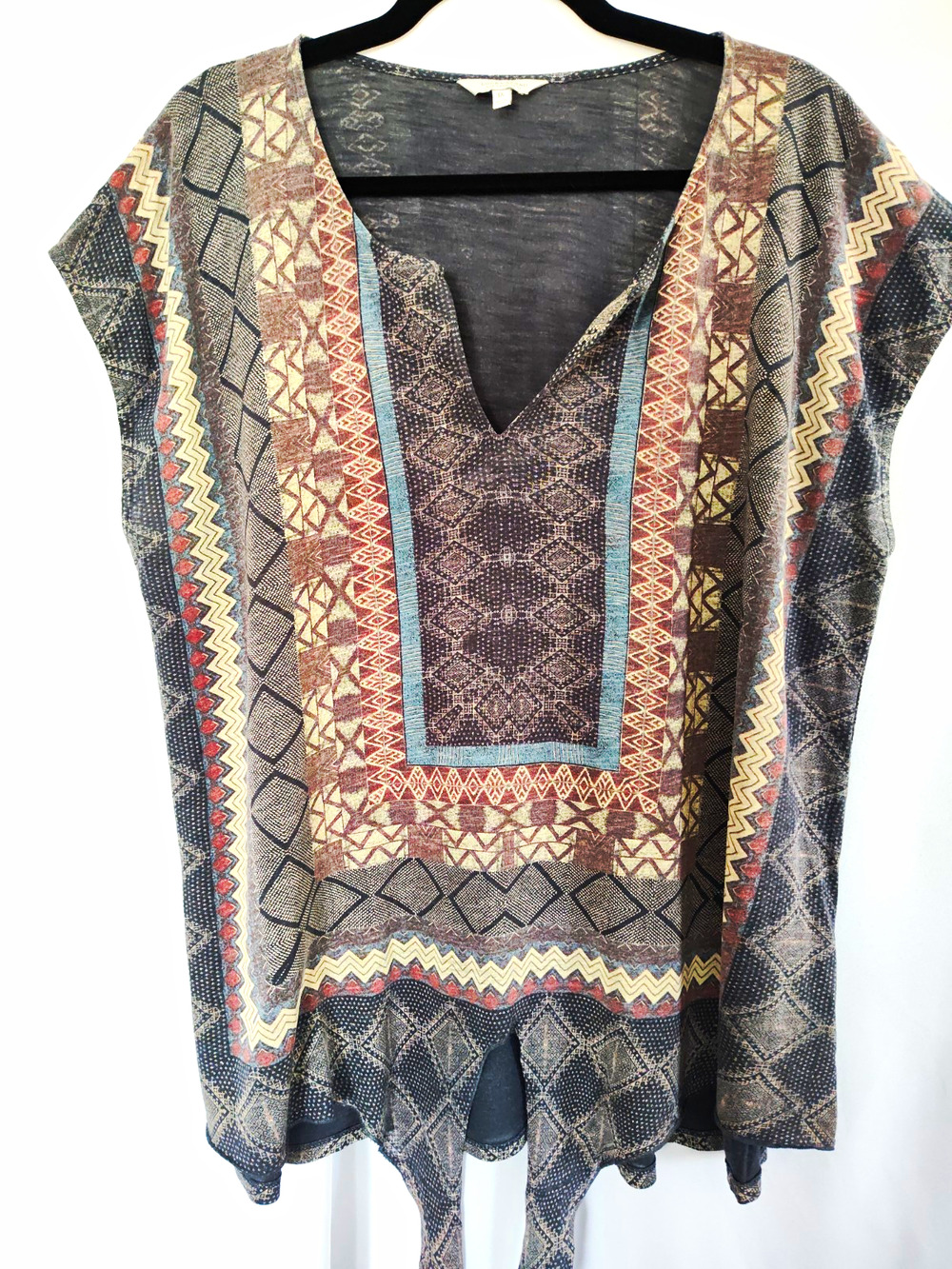 Lucky Brand 1X Multicolor Geometric Woven V-Neck Dolman Short Sleeve Tunic